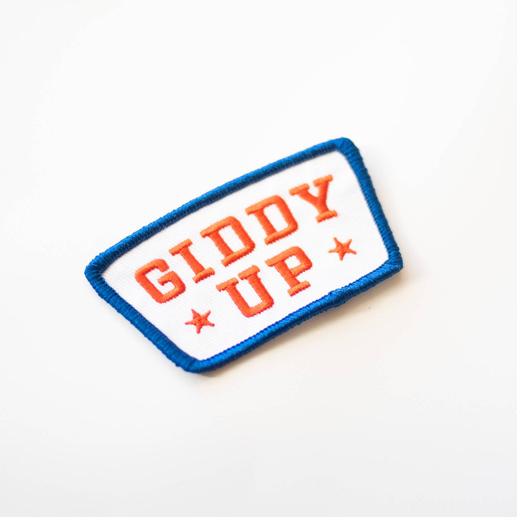 Giddy Up Embroidered Iron on Patch - Red, White and Blue