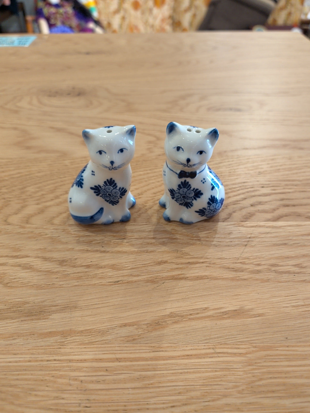 Blue Floral Cat Salt and Pepper Shakers